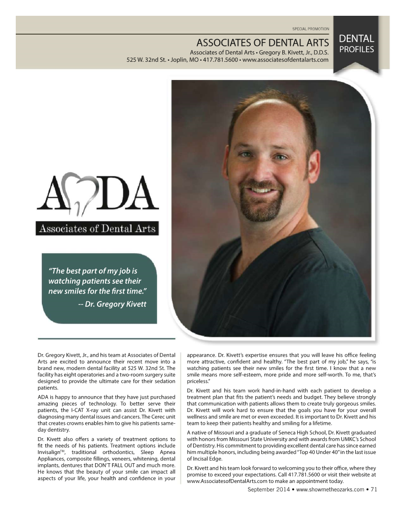 Picture of Dr. Kivett of Associates of Dental Arts and article on his love of dentistry in Joplin.